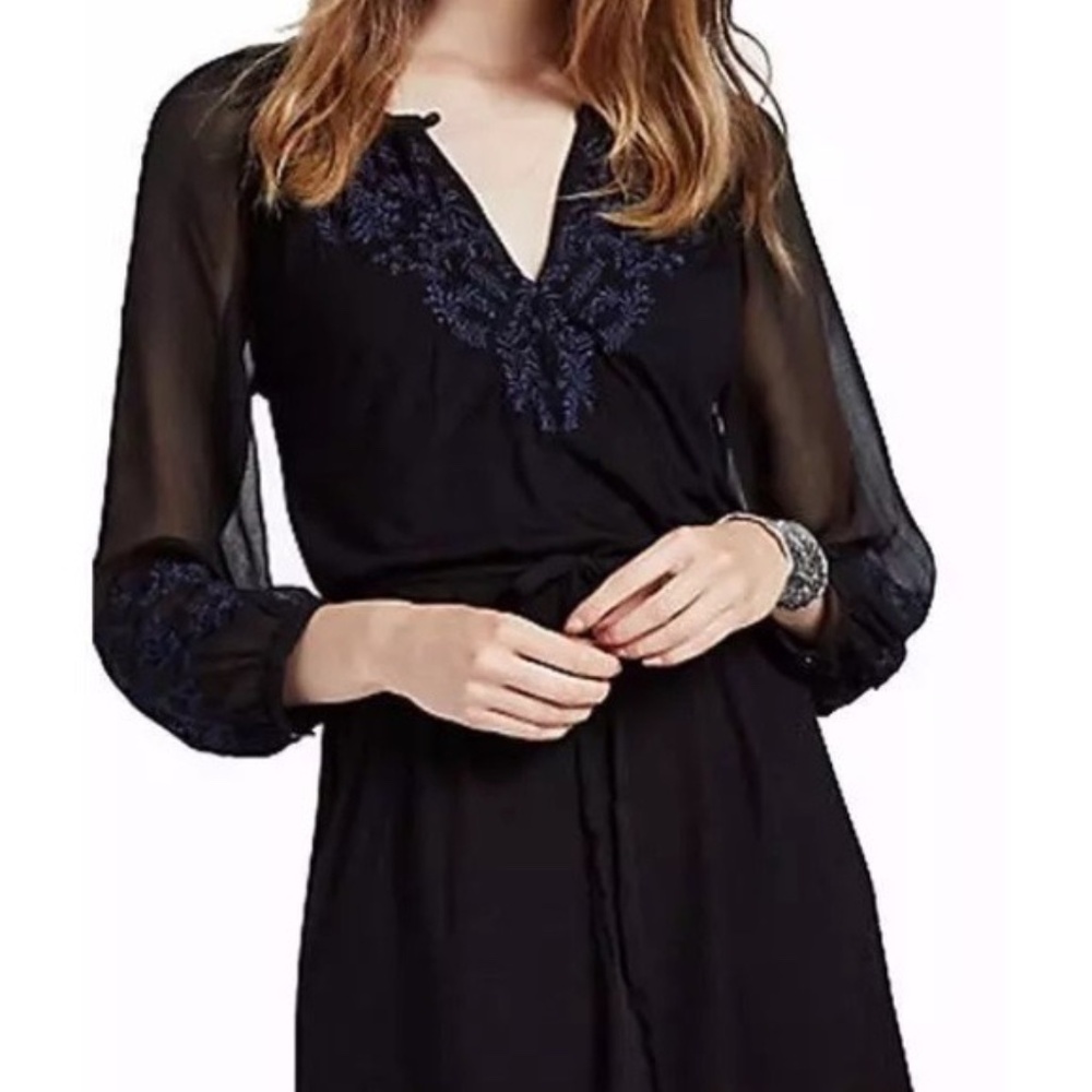 Lucky Brand Long Sleeve Dress Womens XS Black Blue Embroidered Sheer Elegant